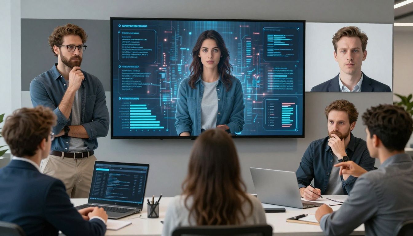 Candidates engaging with AI hiring assessment tools on screens.